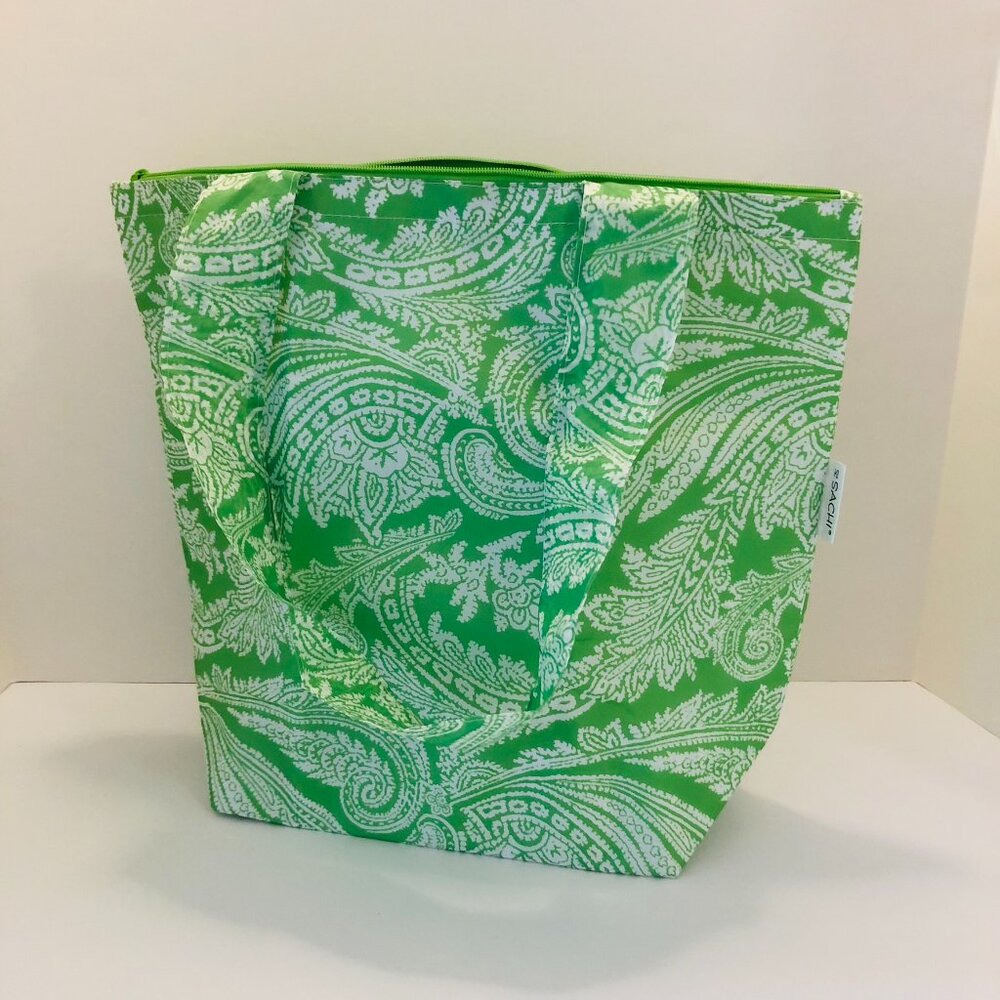 NWOT SACHI Insulated Foldable Market Tote Bag with Pouch Zip Green Paisley - Picture 2 of 16